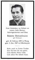 Sterbebildchen Babette Heinzelmann, *20.02.1893 †02.12.1967