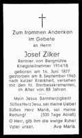 Sterbebildchen Josef Zilker, *16.06.1877 †08.09.1965