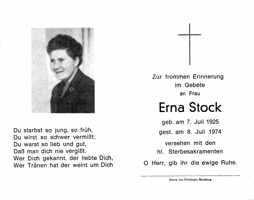 Sterbebildchen Erna Stock, *07.07.1925 †08.01.1974