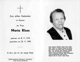 Sterbebildchen Maria Kloss, *08.11.1914 †22.11.1990