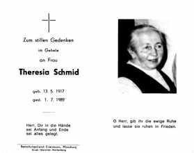 Sterbebildchen Theresia Schmid, *13.05.1917 †01.07.1989