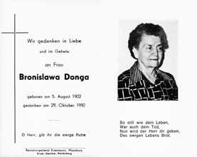 Sterbebildchen Bronislawa Donga, *05.08.1902 †29.10.1990