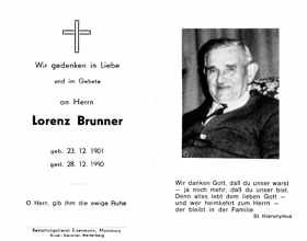 Sterbebildchen Lorenz Brunner, *23.12.1901 †28.12.1990