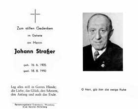 Sterbebildchen Johann Straer, *16.06.1905 †18.08.1990