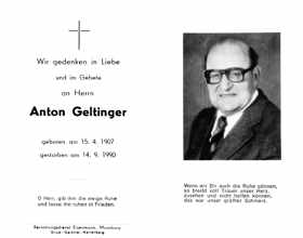 Sterbebildchen Anton Geltinger, *15.04.1907 †14.09.1990
