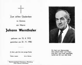 Sterbebildchen Johann Wernthaler, *15.04.1912 †21.11.1990