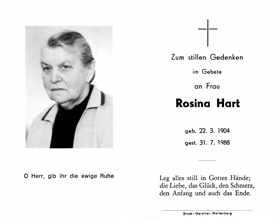 Sterbebildchen Rosina Hart, *22.03.1904 †31.07.1988