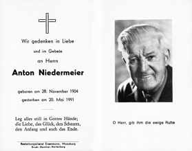 Sterbebildchen Anton Niedermeier, *28.11.1904 †20.05.1991