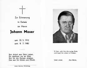 Sterbebildchen Johann Moser, *22.05.1910 †08.07.1985