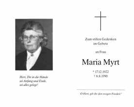 Sterbebildchen Maria Myrt, *17.12.1922 †08.08.1990