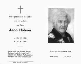 Sterbebildchen Anna Holzner, *27.12.1900 †06.08.1988