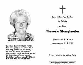 Sterbebildchen Theresia Stanglmaier, *31.08.1909 †31.07.1990