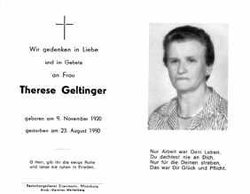 Sterbebildchen Therese Geltinger, *09.11.1920 †23.08.1990