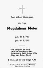 Sterbebildchen Magdalena Maier, *25.05.1903 †31.07.1990