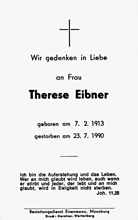 Sterbebildchen Therese Eibner, *07.02.1913 †23.07.1990