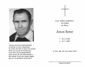 Sterbebildchen Anton Reiter, *10.03.1929 †18.09.1985