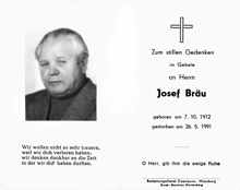 Sterbebildchen Josef Bräu, *07.10.1912 †26.05.1991
