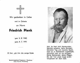 Sterbebildchen Friedrich Plenk, *05.08.1943 †04.07.1991