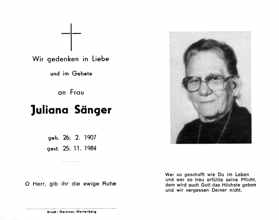 Sterbebildchen Juliana Snger, *26.02.1907 †25.11.1984