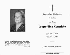 Sterbebildchen Leopoldine Kunschky, *19.01.1903 †15.05.1985