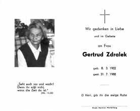 Sterbebildchen Getrud Zdralek, *08.03.1902 †31.07.1988
