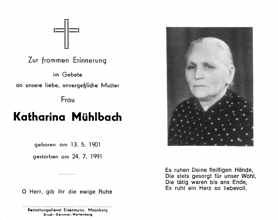 Sterbebildchen Katharina Mühlbach, *13.05.1901 †24.07.1991