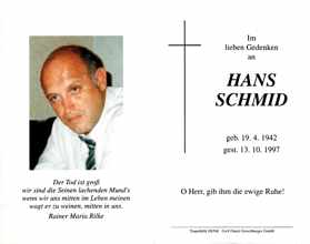 Sterbebildchen Hans Schmid, *19.04.1942 †13.10.1997