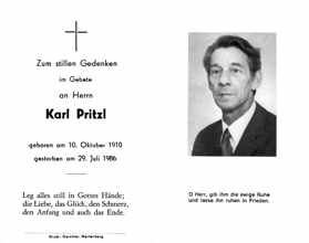 Sterbebildchen Karl Pritzl, *10.10.1910 †29.07.1986