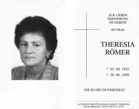 Sterbebildchen Theresia Römer, *03.04.1925 †20.06.1999