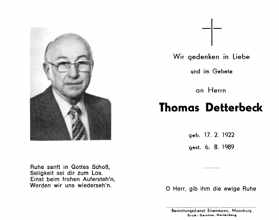 Sterbebildchen Thomas Detterbeck, *17.02.1922 †06.08.1989