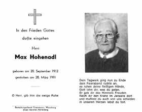 Sterbebildchen Max Hohenadl, *20.09.1912 †28.03.1991