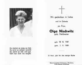 Sterbebildchen Olga Nischwitz, *18.08.1947 †01.09.1989