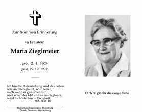 Sterbebildchen Maria Zieglmeier, *02.04.1905 †29.10.1992