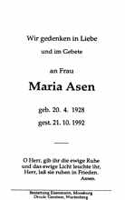 Sterbebildchen Maria Asen, *20.04.1928 †21.10.1992