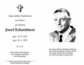 Sterbebildchen Josef Schmittner, *19.07.1913 †18.01.1993