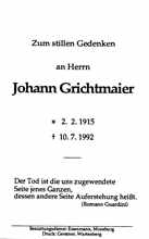 Sterbebildchen Johann Grichtmaier, *02.02.1915 †10.07.1992