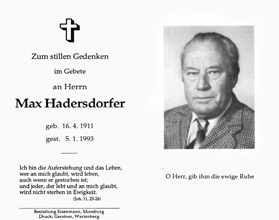 Sterbebildchen Max Hadersdorfer, *16.04.1911 †05.01.1993