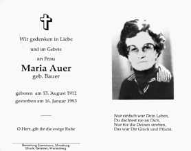 Sterbebildchen Maria Auer, *13.08.1912 †16.01.1993