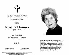 Sterbebildchen Rosina Daimer, *1928 †20.08.1992