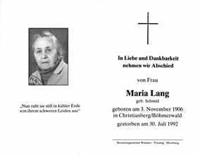 Sterbebildchen Maria Lang, *03.11.1906 †30.07.1992