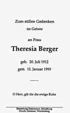 Sterbebildchen Theresia Berger, *20.07.1912 †12.01.1993