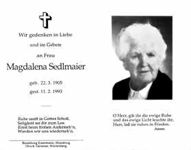 Sterbebildchen Magdalena Sedlmaier, *22.03.1905 †11.02.1993