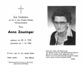 Sterbebildchen Anna Zausinger, *30.04.1910 †01.12.1990