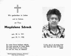 Sterbebildchen Magdalena Schreck, *30.06.1911 †29.11.1990