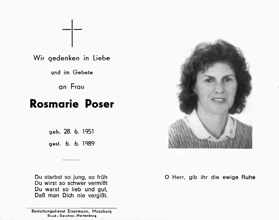 Sterbebildchen Rosmarie Poser, *28.06.1951 †06.06.1989