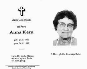 Sterbebildchen Anna Kern, *21.05.1905 †26.08.1992