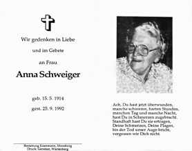 Sterbebildchen Anna Schweiger, *15.05.1914 †25.09.1992