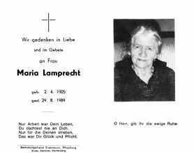 Sterbebildchen Maria Lamprecht, *02.04.1905 †29.08.1989