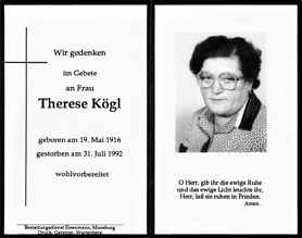 Sterbebildchen Therese Kögl, *19.05.1916 †31.07.1992