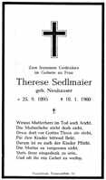 Sterbebildchen Therese Sedlmaier, *25.09.1895 †18.01.1960